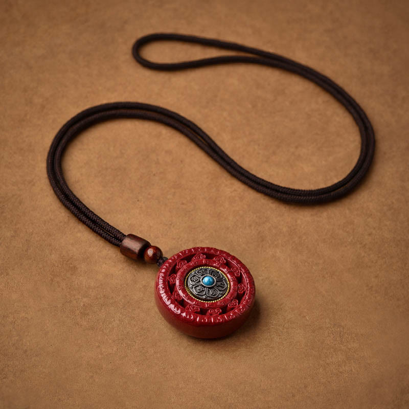 Zinnoberrote Halskette mit drehbarem Anhänger „Om Mani Padme Hum“ und Schlüsselanhänger