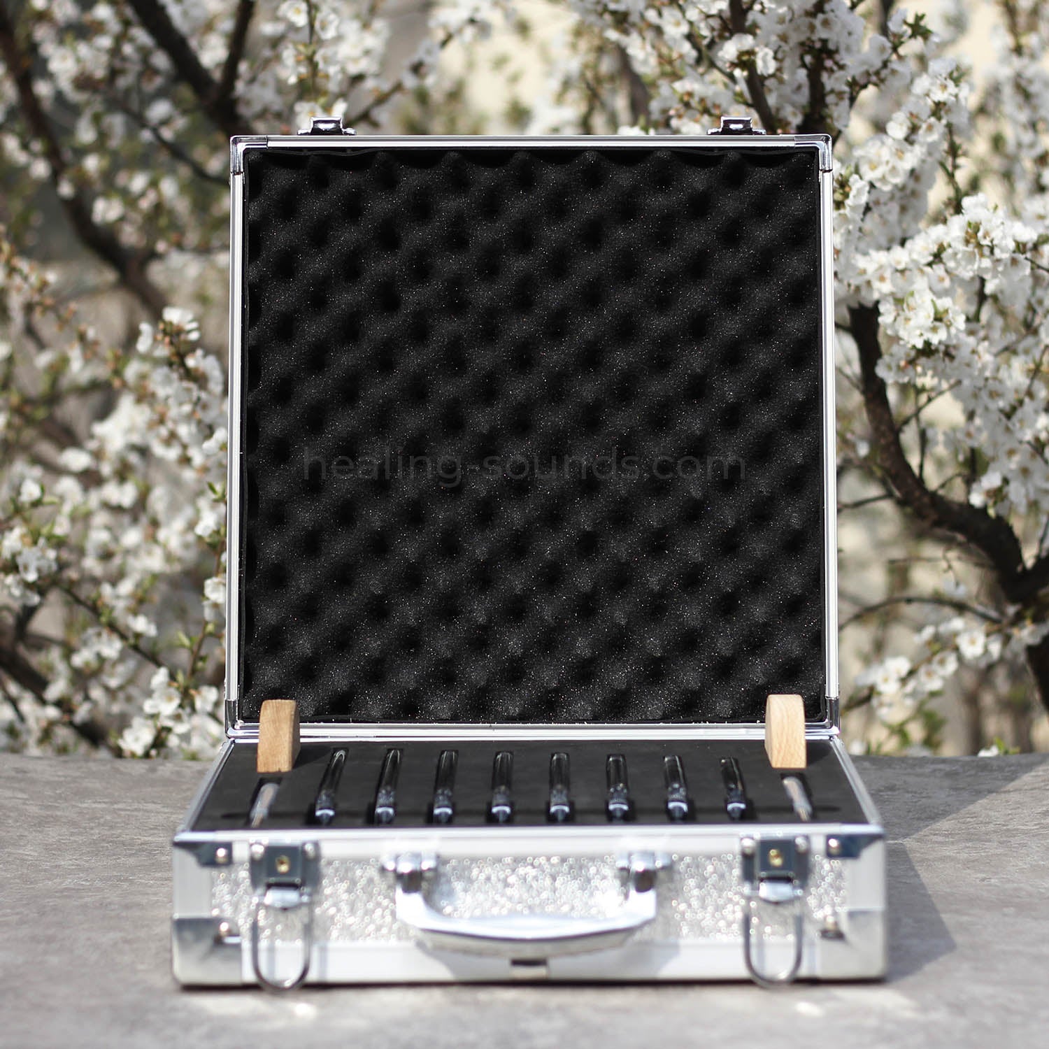 432 Hz Stimmgabel-Set aus klarem Kristall mit Box – 8-teilig – 10 mm/20 mm