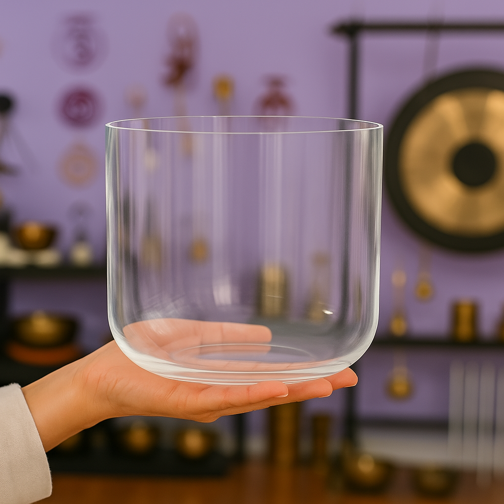 Klangschale aus klarem Quarzkristall für Chakra-Meditation