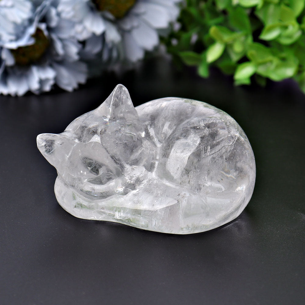 Kristallfigur aus klarem Quarz, schlafende Katze, 5,3 cm