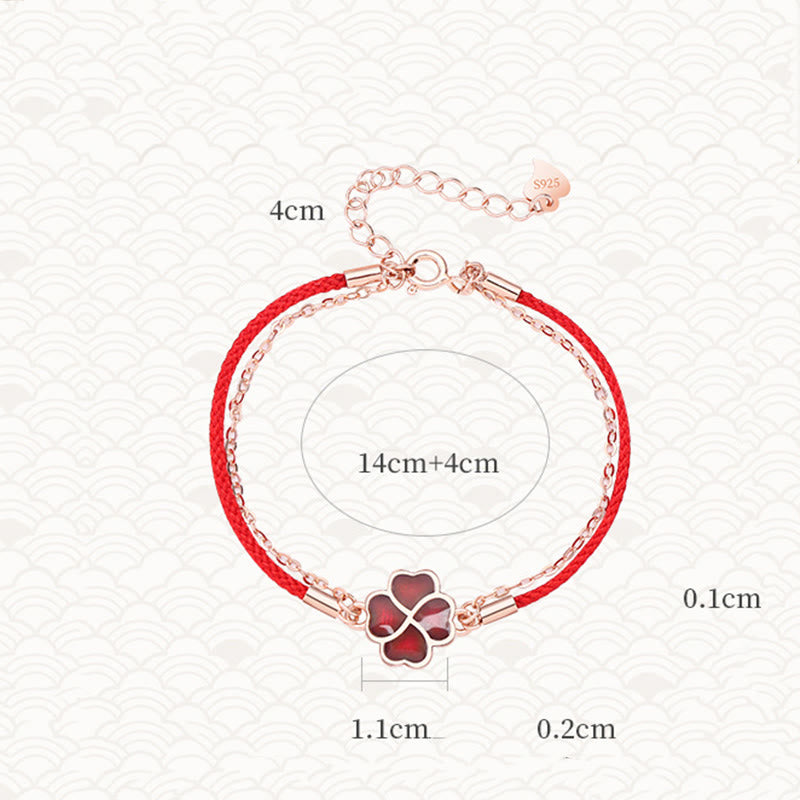 Farbwechselndes vierblättriges Kleeblatt-Armband mit roter Schnur aus 925er Silber für Glück