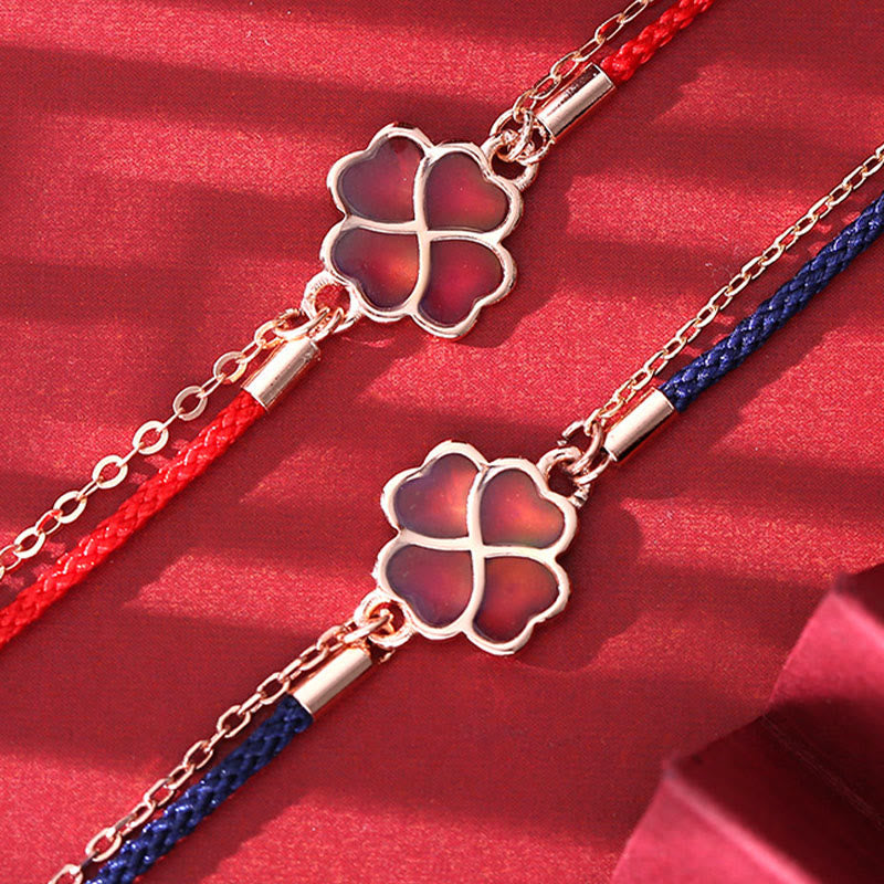 Farbwechselndes vierblättriges Kleeblatt-Armband mit roter Schnur aus 925er Silber für Glück