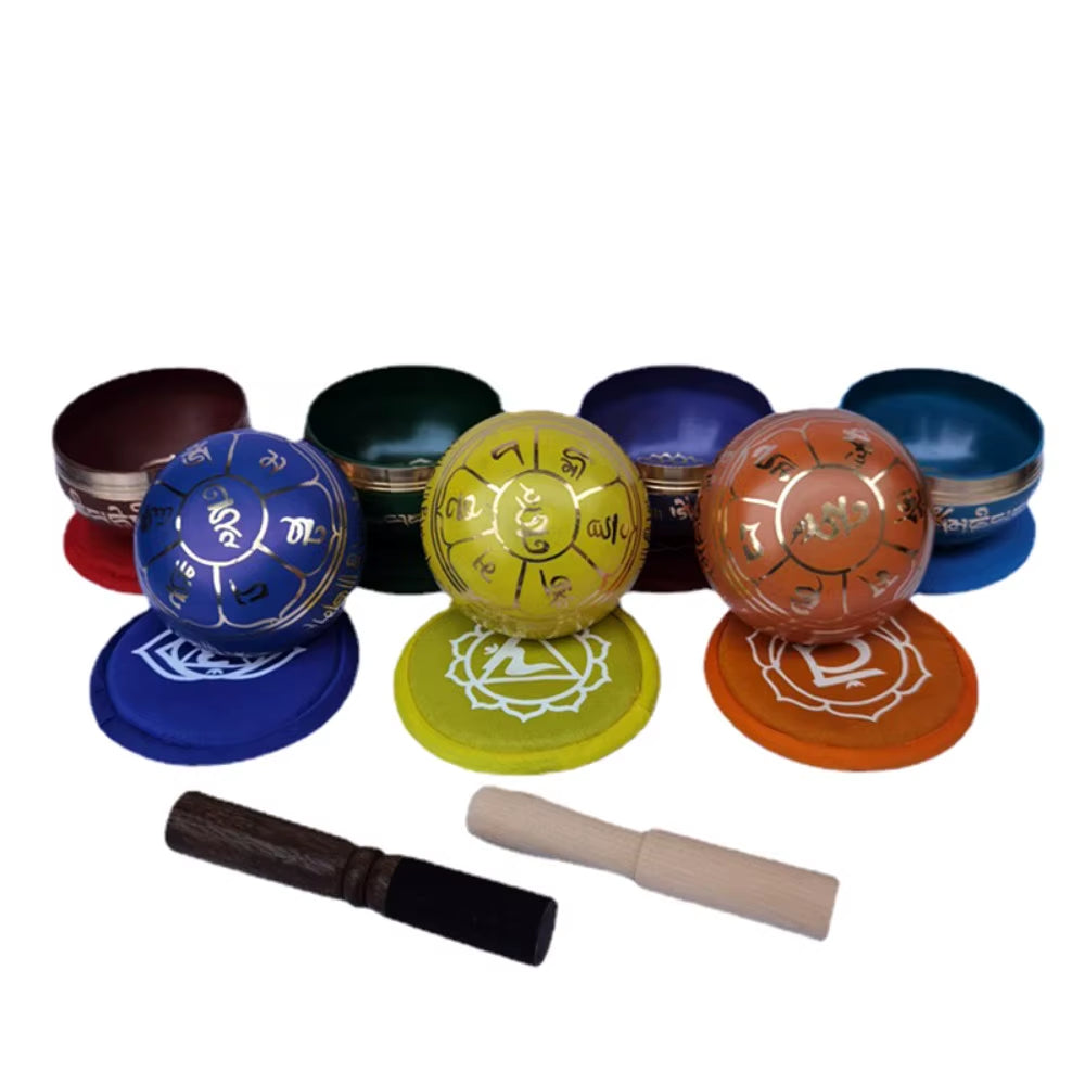 Colorful Chakra Singing Bowls with Mallets for Meditation and Relaxation