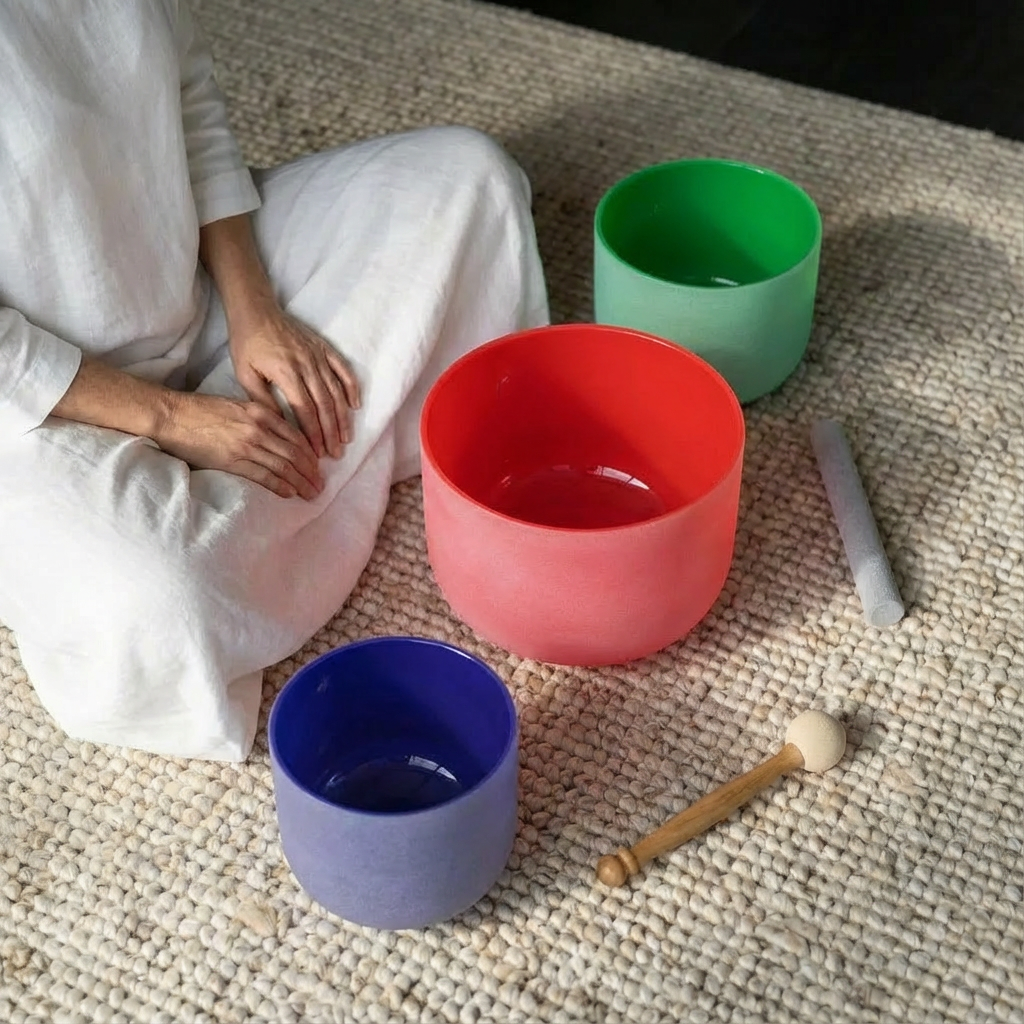 Farbenfrohes Klangschalen-Set aus Quarzkristall, 8", 10", 12"