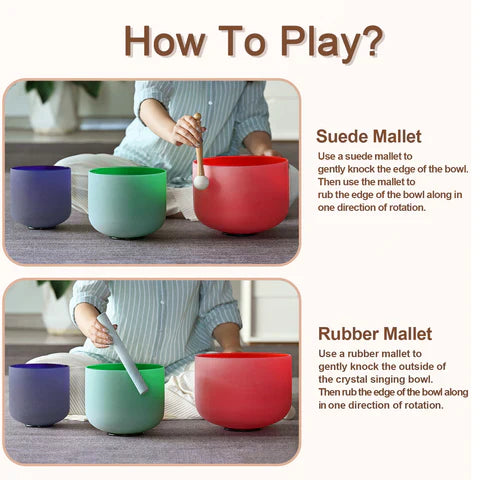 Instructions for playing Colorful Quartz Crystal Singing Bowls with mallets