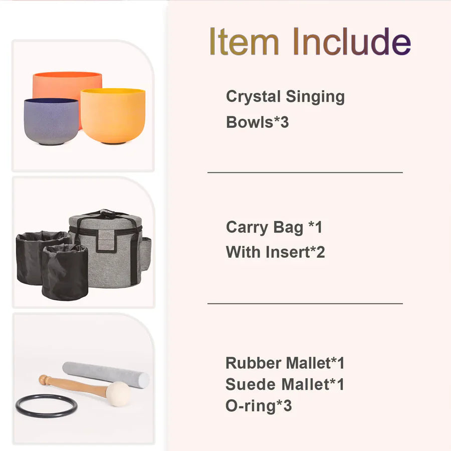 Colorful Quartz Crystal Singing Bowl Set with carrying case and mallets displayed