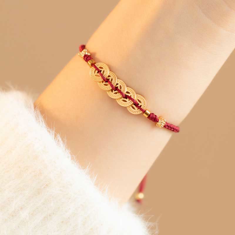 Kupfermünzen-Armband mit roter Schnur für Glück und Schutz