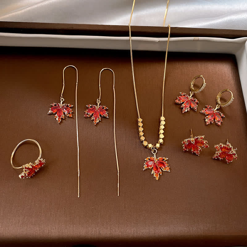 Kupfer Maple Leaf Zirkon Halskette Anhänger Ring Ohrringe für Glück