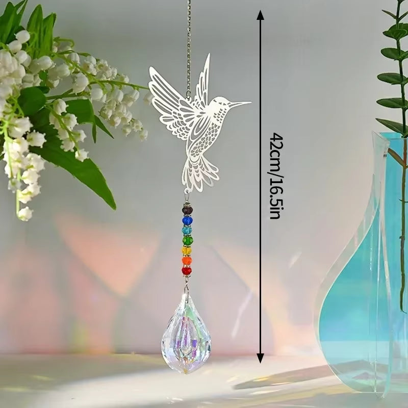 Delicate hummingbird suncatcher with chakra beads and crystal prism for outdoor décor