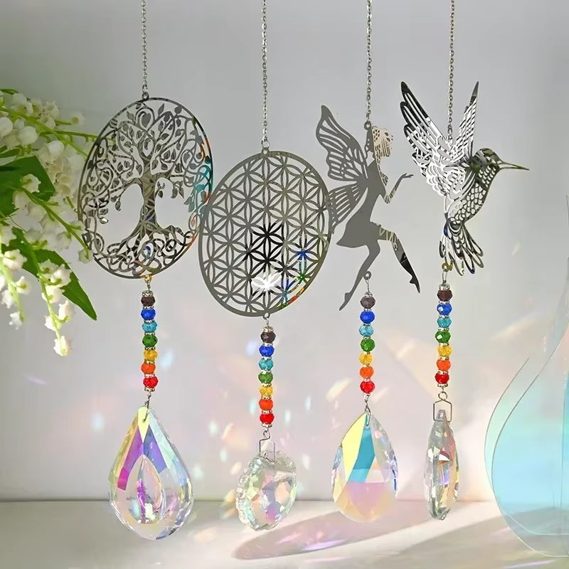 Crystal Butterfly Suncatcher Wind Chimes with Chakra Beads and Silver Charms