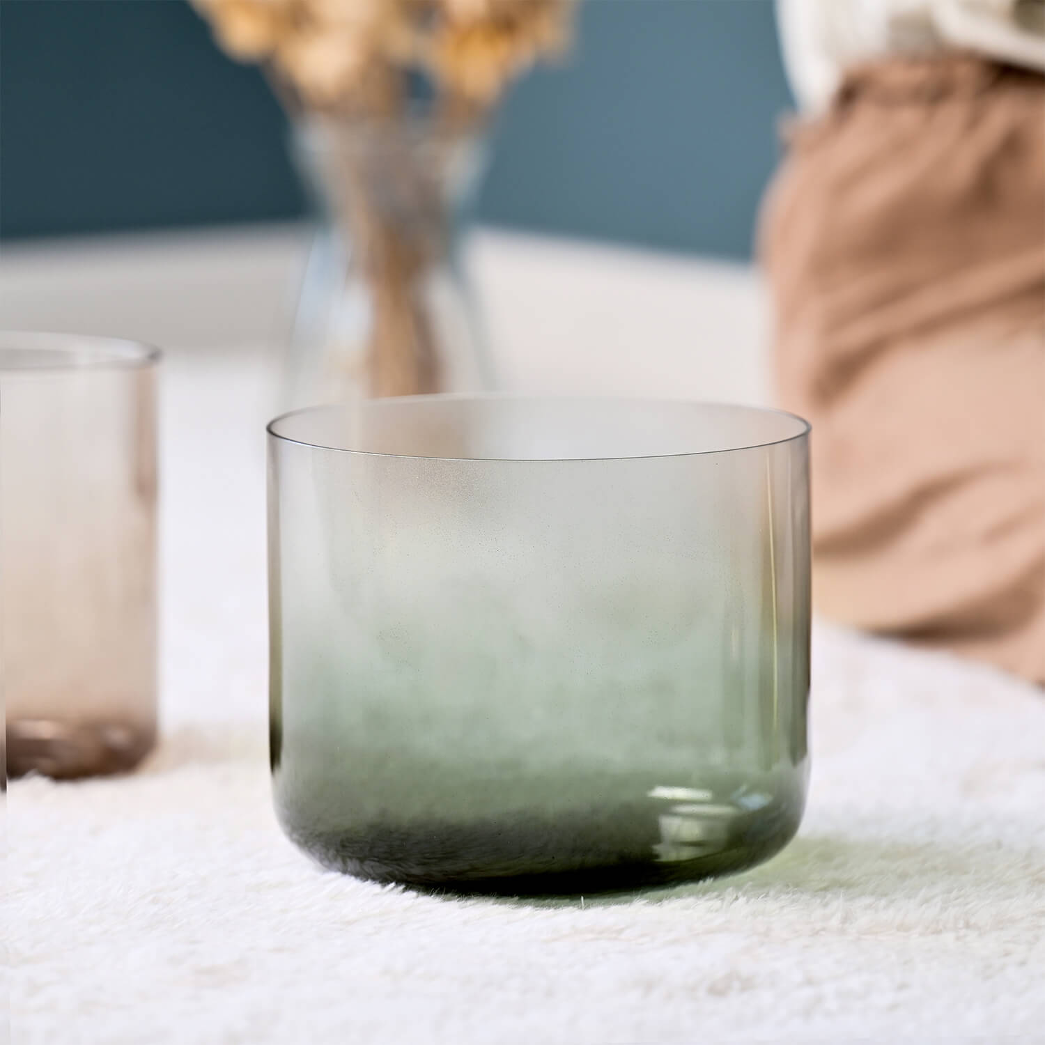 Smoky green glass tumbler for Crystal Quartz Singing Bowl 6’’-7’’ meditation healing