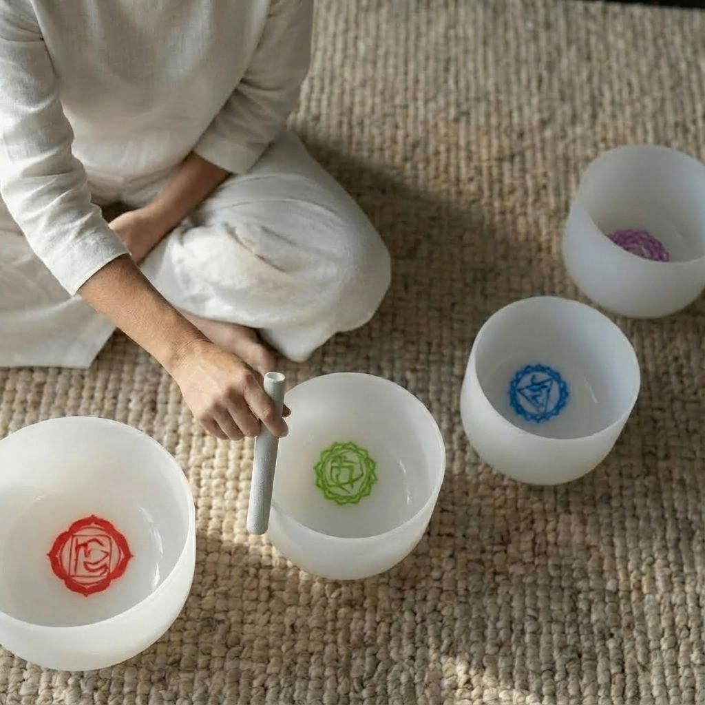 Kristallklangschalen-Set mit Chakra-Symbolen