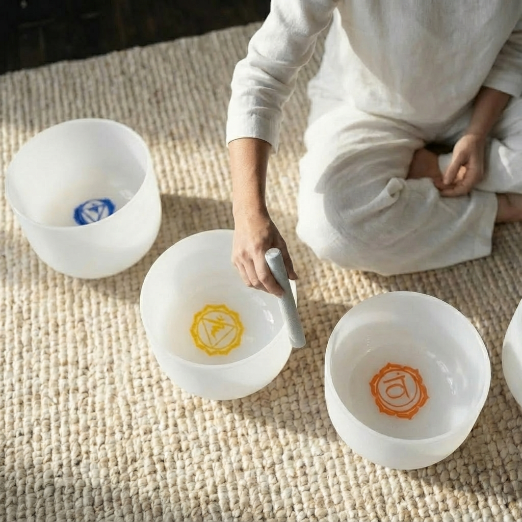 Kristallklangschalen-Set mit Chakra-Symbolen