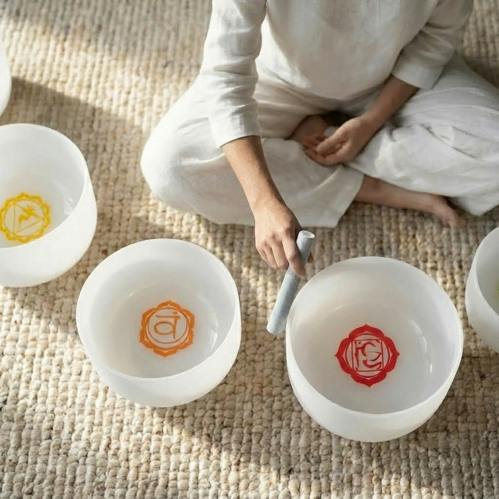 Kristallklangschalen-Set mit Chakra-Symbolen
