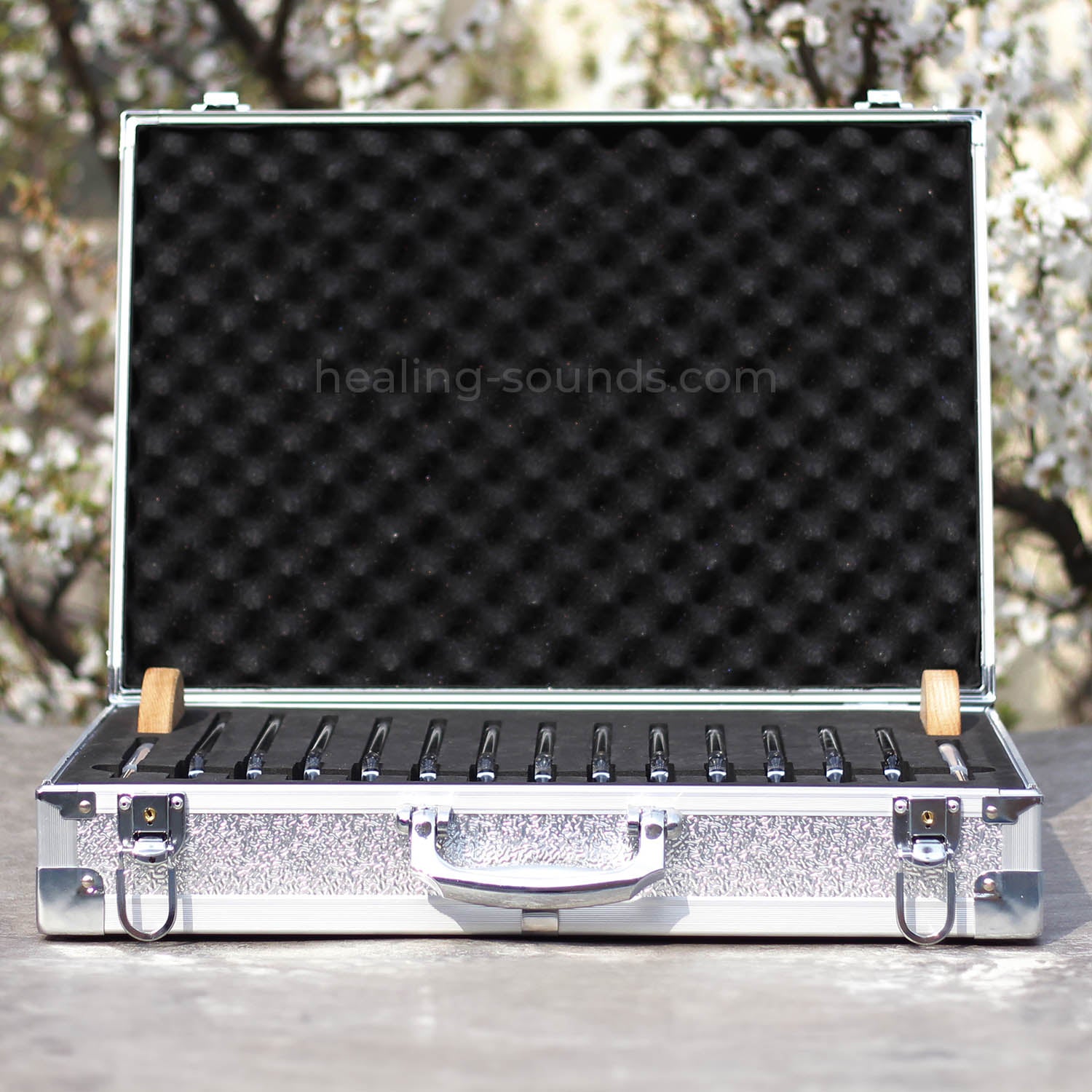 432 Hz Stimmgabel-Set aus klarem Kristall mit Box – 13-teilig – 10 mm