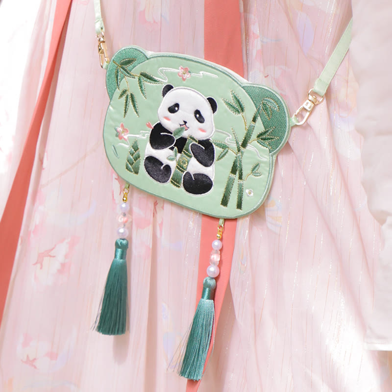 Süße Hanfu-Tasche mit Tierstickerei | Glückliche Panda-Katze-Umhängetasche
