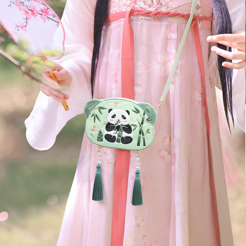 Süße Hanfu-Tasche mit Tierstickerei | Glückliche Panda-Katze-Umhängetasche