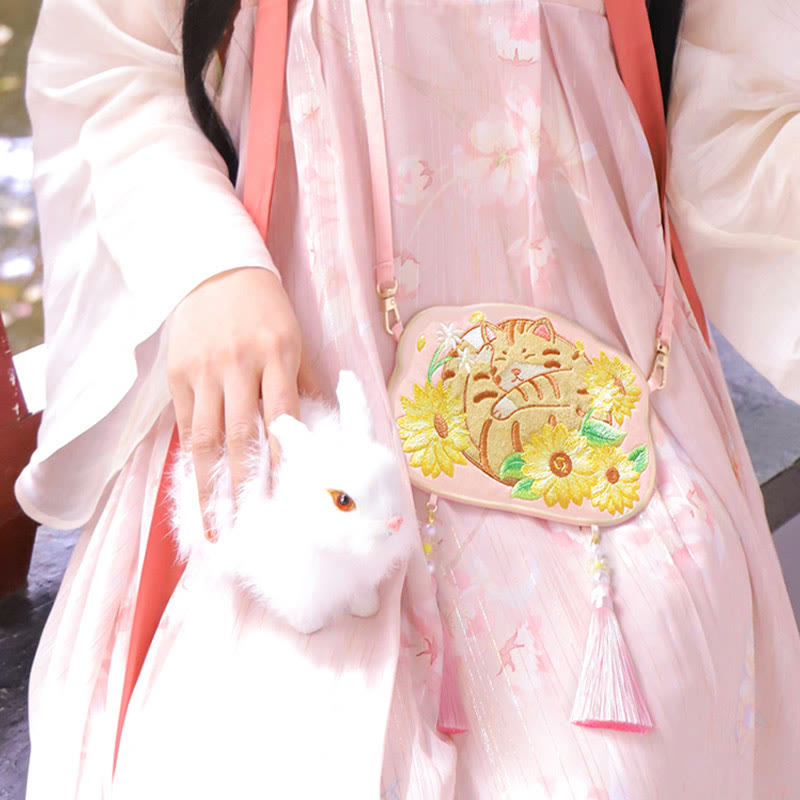 Süße Hanfu-Tasche mit Tierstickerei | Glückliche Panda-Katze-Umhängetasche