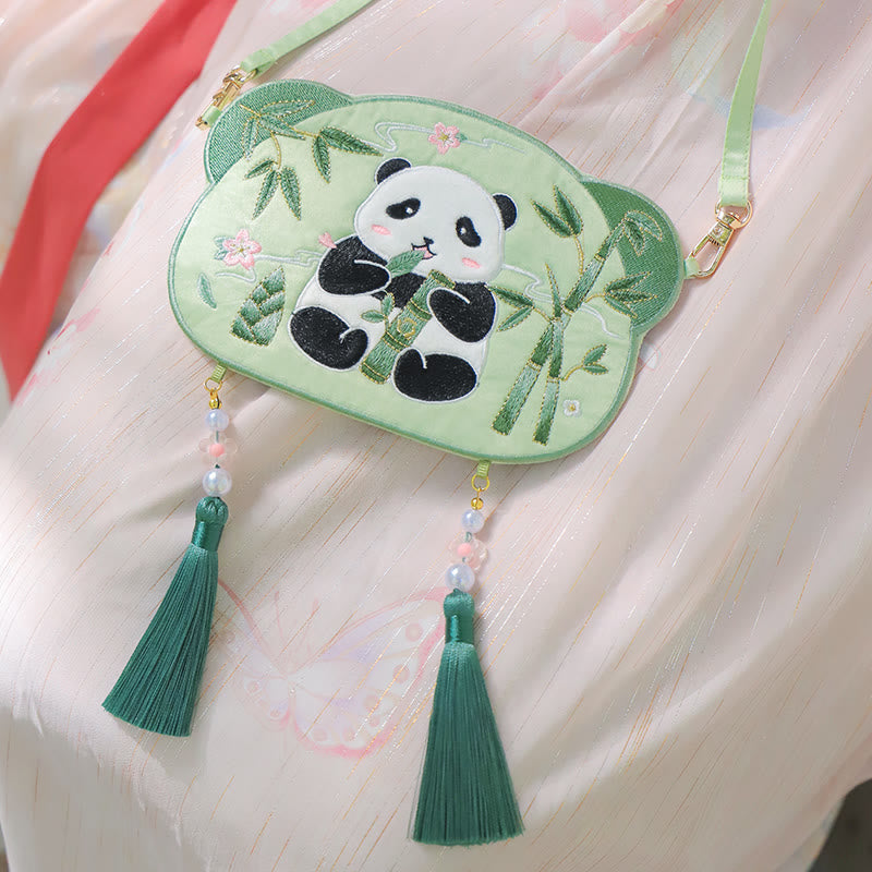 Süße Hanfu-Tasche mit Tierstickerei | Glückliche Panda-Katze-Umhängetasche