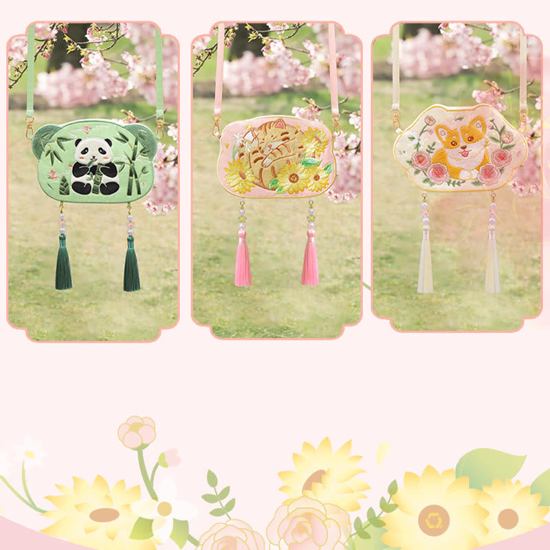 Süße Hanfu-Tasche mit Tierstickerei | Glückliche Panda-Katze-Umhängetasche