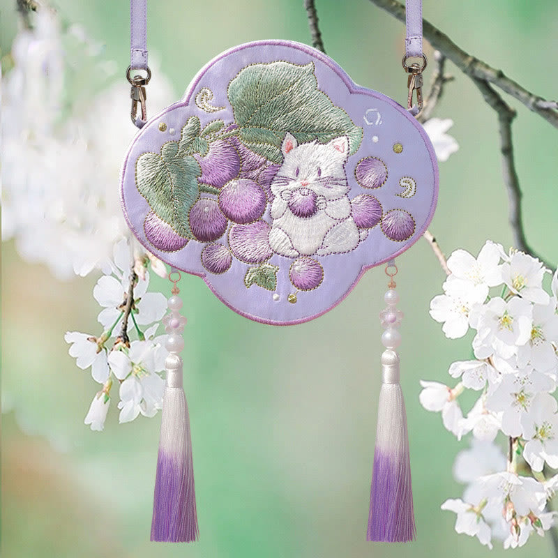 Süße Hanfu-Tasche mit Tierstickerei | Glückliche Panda-Katze-Umhängetasche