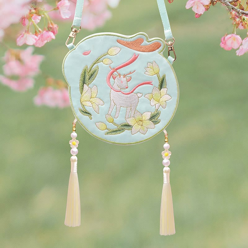 Süße Hanfu-Tasche mit Tierstickerei | Glückliche Panda-Katze-Umhängetasche