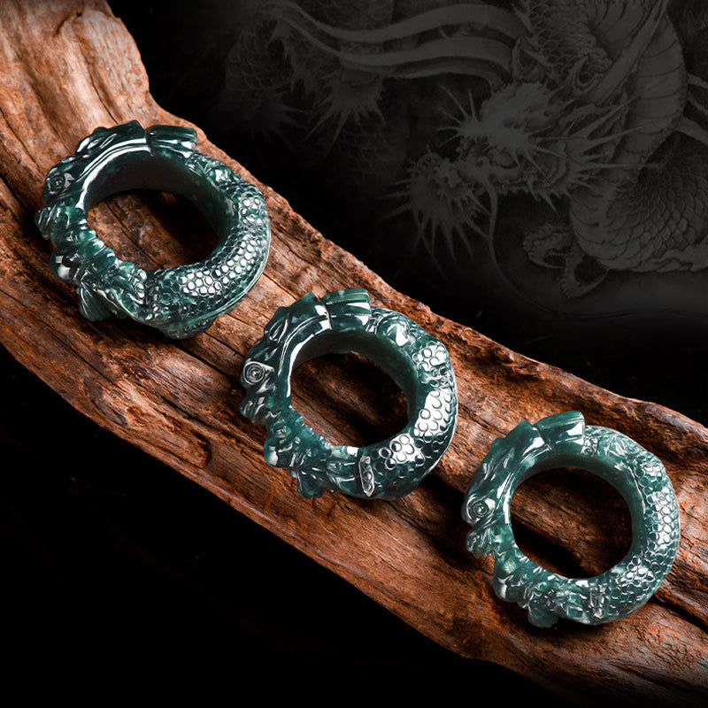 Cyan Jade Geschnitzter Erfolgsring mit Drachenmotiv, 21–22 mm