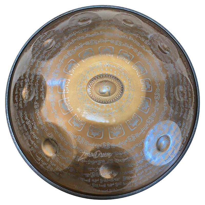 Metallic D Minor Handpan Drum with golden-bronze finish for meditation and music