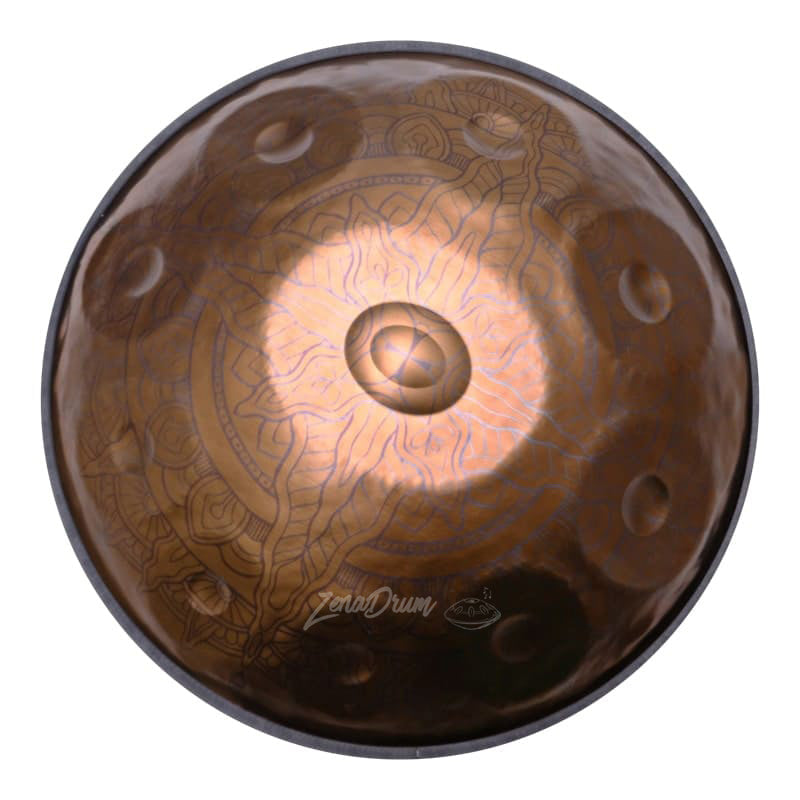 D Minor Handpan Drum with bronze finish, circular tone fields for meditation and music