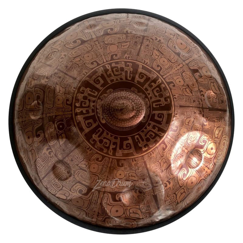 Circular copper drum with Mayan patterns for meditation and music in D Minor