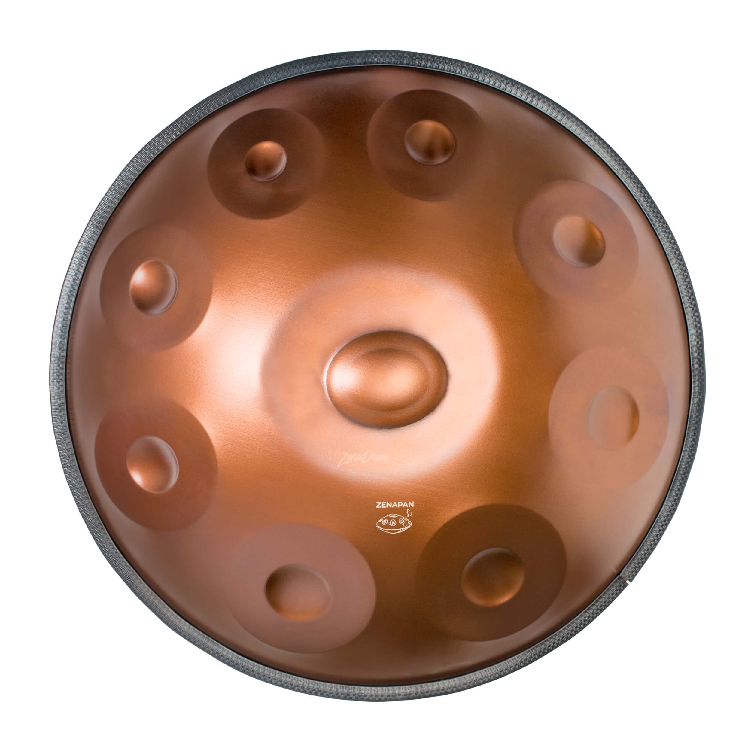 Copper D Minor Handpan Drum with dimpled tone fields in circular pattern