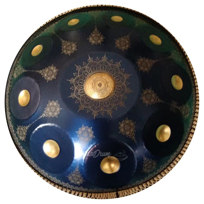 D Minor Kurd Handpan Drum with dark blue surface and golden mandala patterns