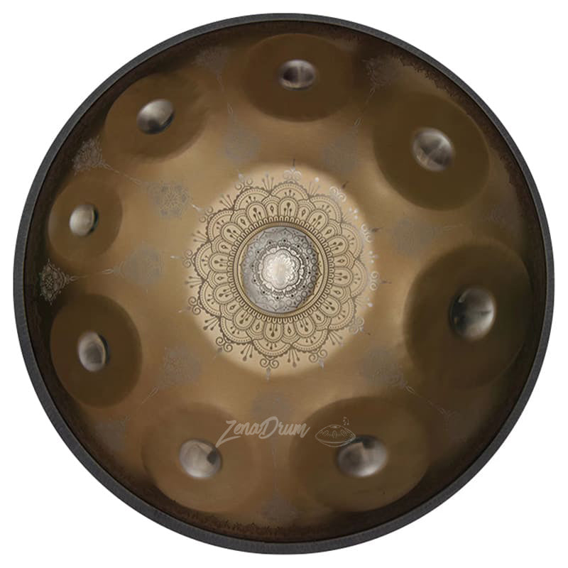 Handpan Drum with Mandala Pattern and Tone Fields in D Minor Kurd, 9/12 Notes