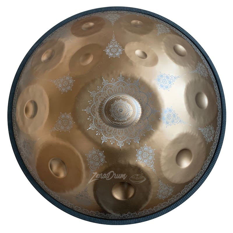 Handpan drum with mandala designs in golden-bronze for D Minor Kurd