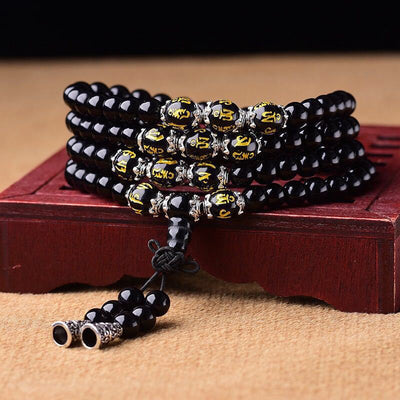 6 mm Schutzarmband aus schwarzem Obsidian mit Anhänger „Six True Words“