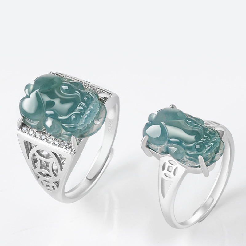 Sterling Silver Jade Pixiu Ring for Wealth & Luck