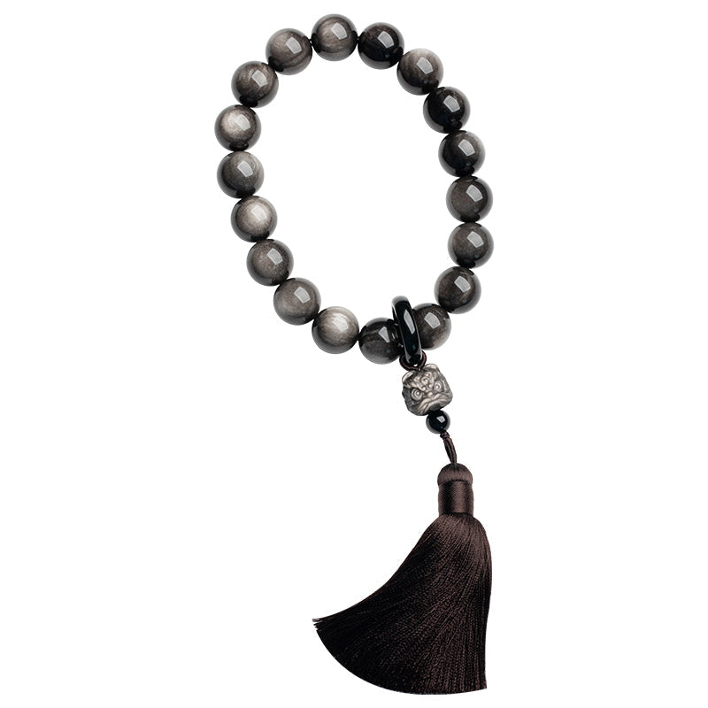 16 mm silberner Obsidian-Löwe-Handgelenk-Mala für Schutz und Weisheit