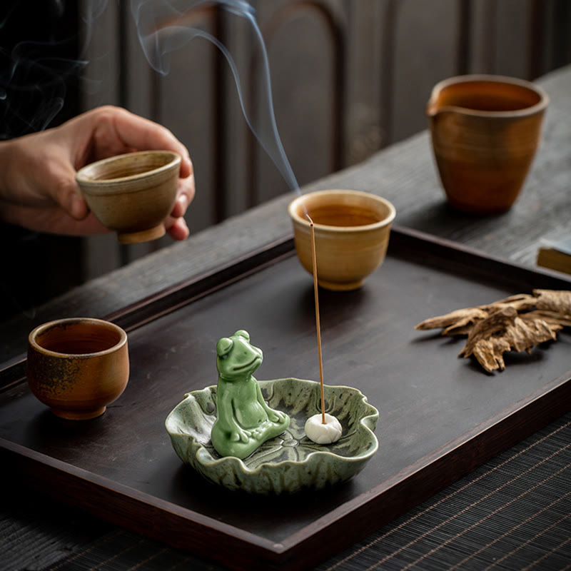 Ceramic Incense Burner | Lotus Leaf Meditation Frog 11cm