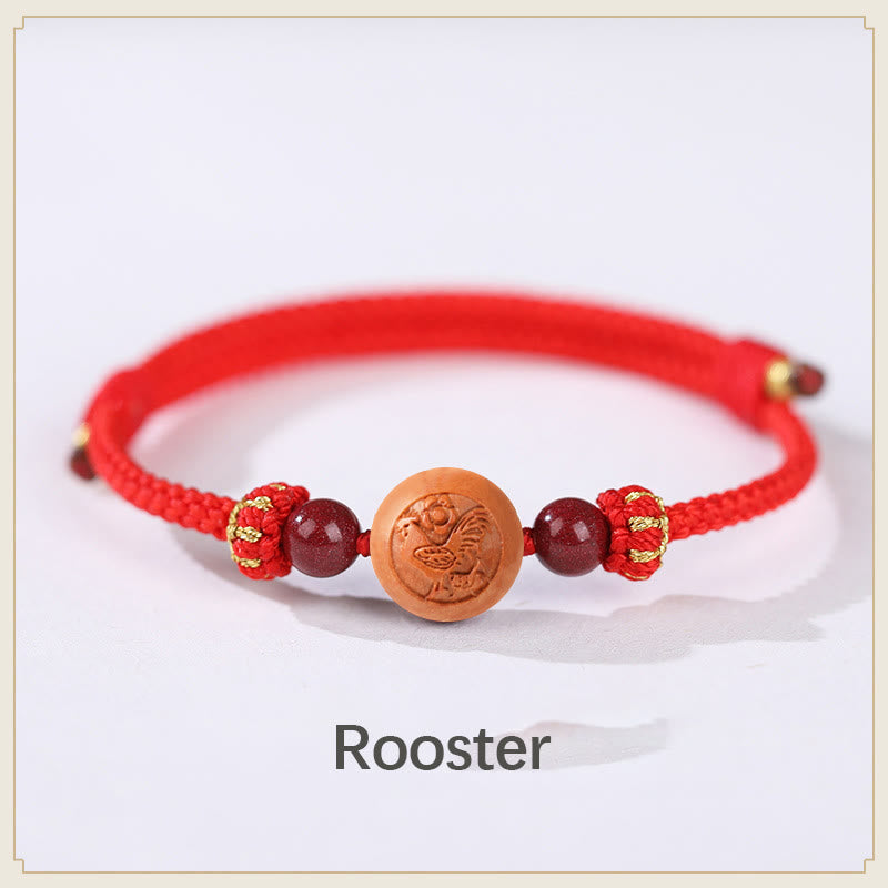 Natürliches Pfirsichholz Chinesisches Sternzeichen Fu Zinnober Reichtum Armband