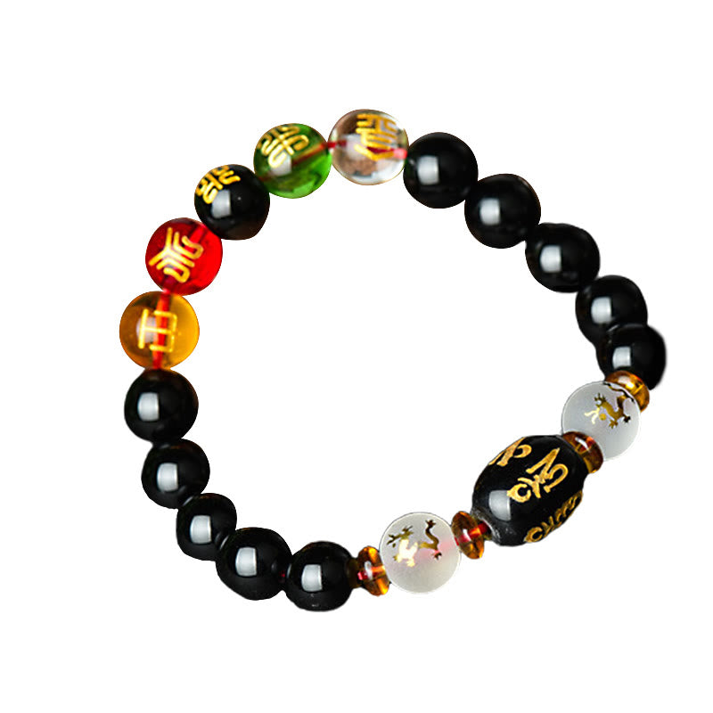 10 mm schwarzes Onyx-Glücksarmband mit tibetischem Mantra