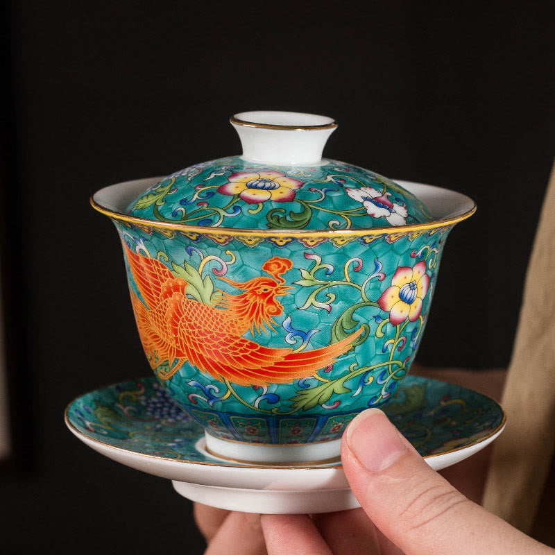 Keramik-Gaiwan-Teetasse mit Drachen-Phönix-Motiv, 160 ml, mit Deckel