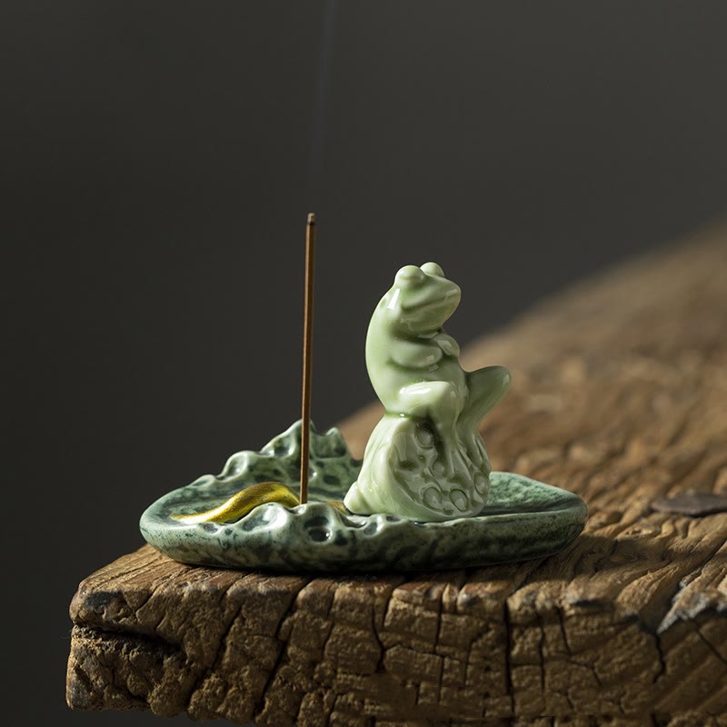 Ceramic Incense Burner | Lotus Leaf Meditation Frog 11cm