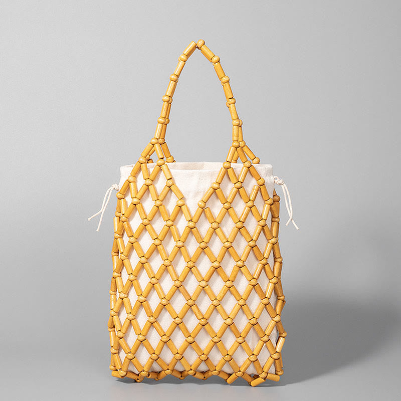 Handgewebte Netztasche mit hohlen Holzperlen | Spiritueller Schmuck