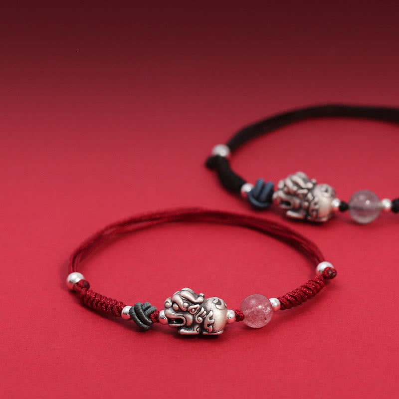 999 Sterling Silver PiXiu Strawberry Quartz Rose Quartz Bracelet for Wealth