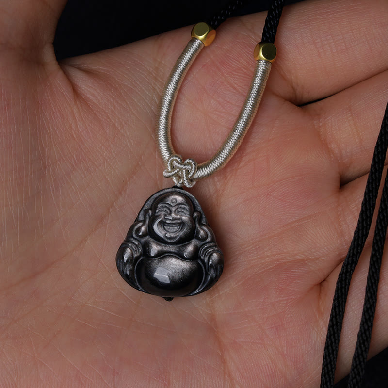 Silberschimmernde Obsidian-Schutzkette mit lachendem Buddha