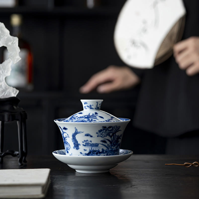Löwentanz-Keramik-Gaiwan-Teetasse 300 ml mit Deckel und Untertasse