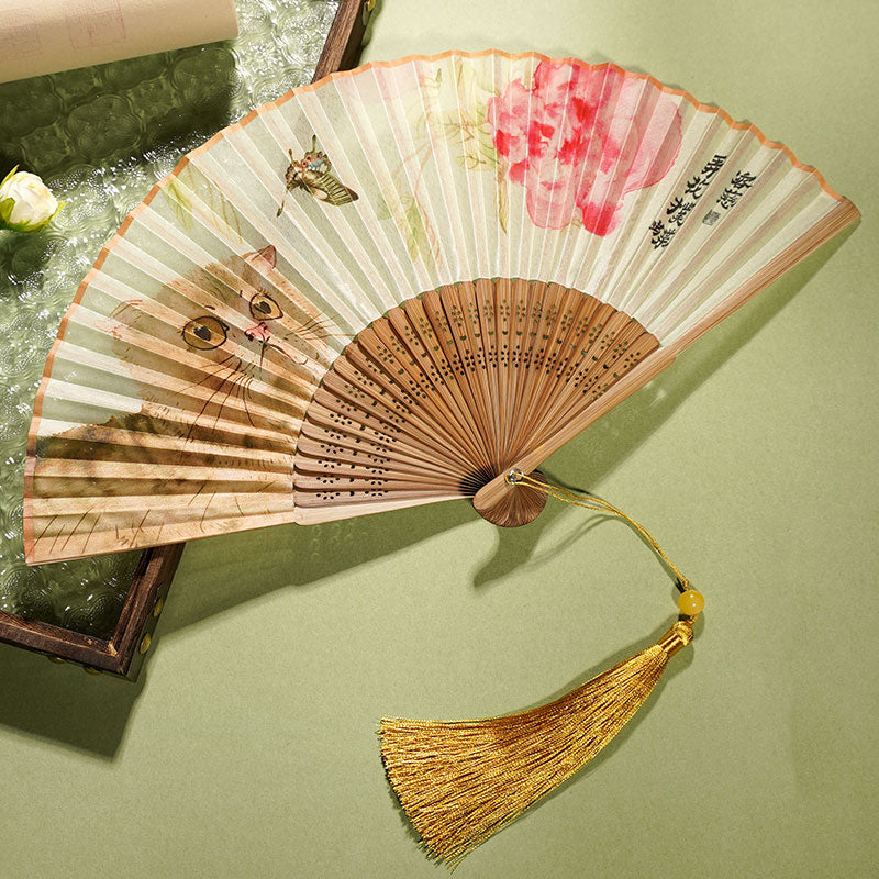 Silk Bamboo Folding Fan 21cm with Cat Butterfly Flowers Pattern