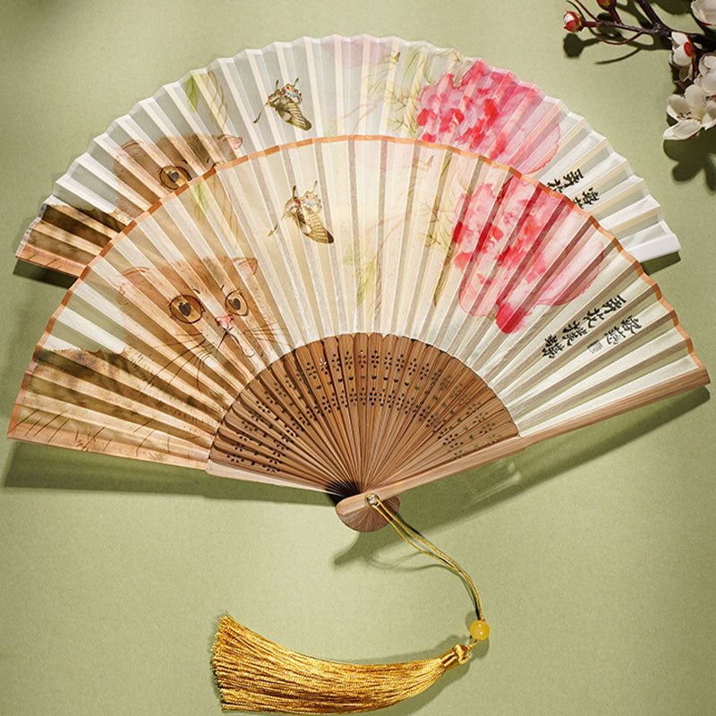 Silk Bamboo Folding Fan 21cm with Cat Butterfly Flowers Pattern