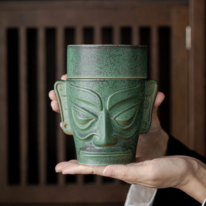 Sanxingdui Ceramic Incense Burner Inspired by Bronze Age Mask Meditation