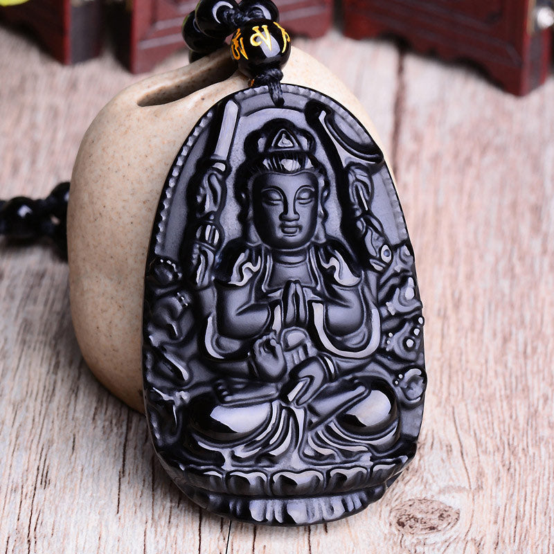 Obsidian Buddha Amulet Necklace with Chinese Zodiac | Protection